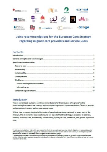 Joint Recommendations For The European Care Strategy Regarding Migrant Care Providers And Service Users